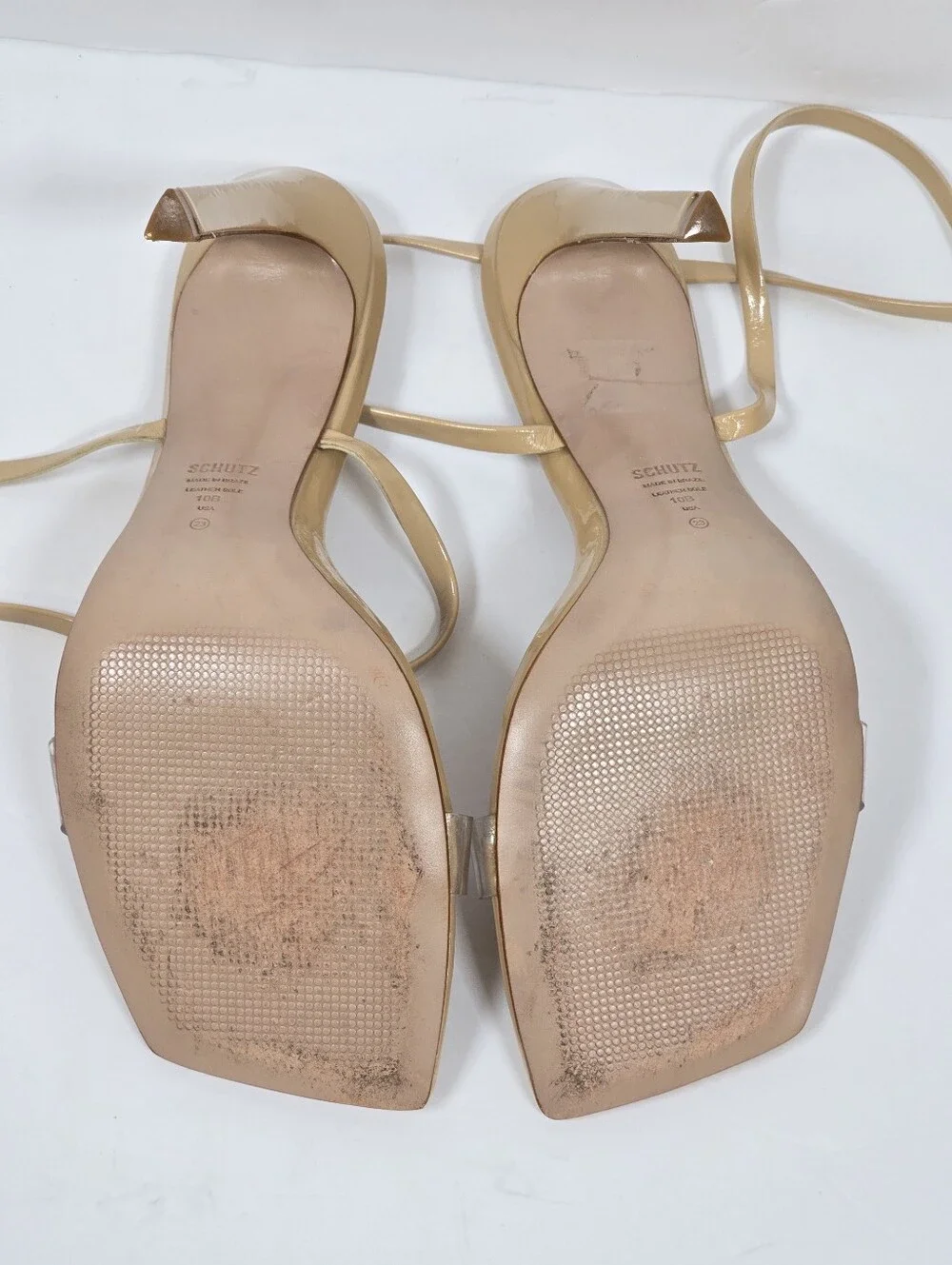 Schutz Jada Nude Square Toe Ankle Wrap Stiletto Heel Sandals Size 10